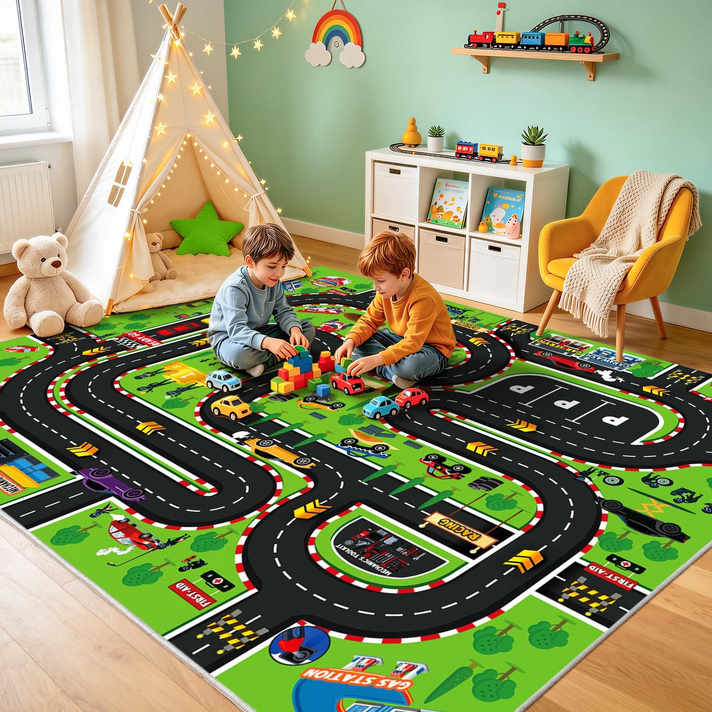 Quntue Kids Play Rug 4x5 Ft, Non-Slip Race Track Car Rug Play Mat, Washable Soft Road Carpet for Boys Room, Playroom, Bedroom, Nursery, Classroom