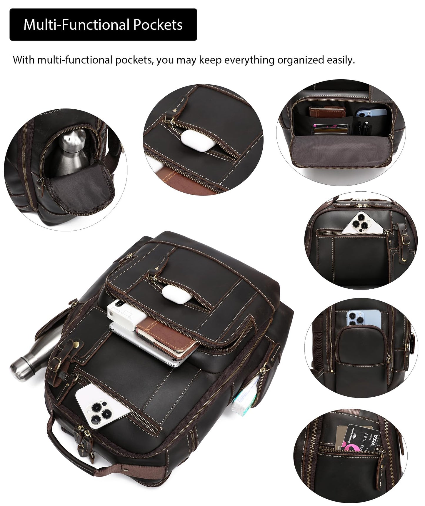 LANNSYNE Vintage Genuine Leather Backpack for men, 15.6" Laptop Backpack Travel Camping 24L Rucksack