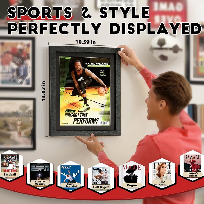 JupDec Sports Magazine Frame 4 Pack, Premium Wood Display Case for 8" x 10.5" Magazines, Wall Mount or Tabletop Stand, Layered Design with Positioning Mat, Perfect for Sports, Fashion & Home Decor