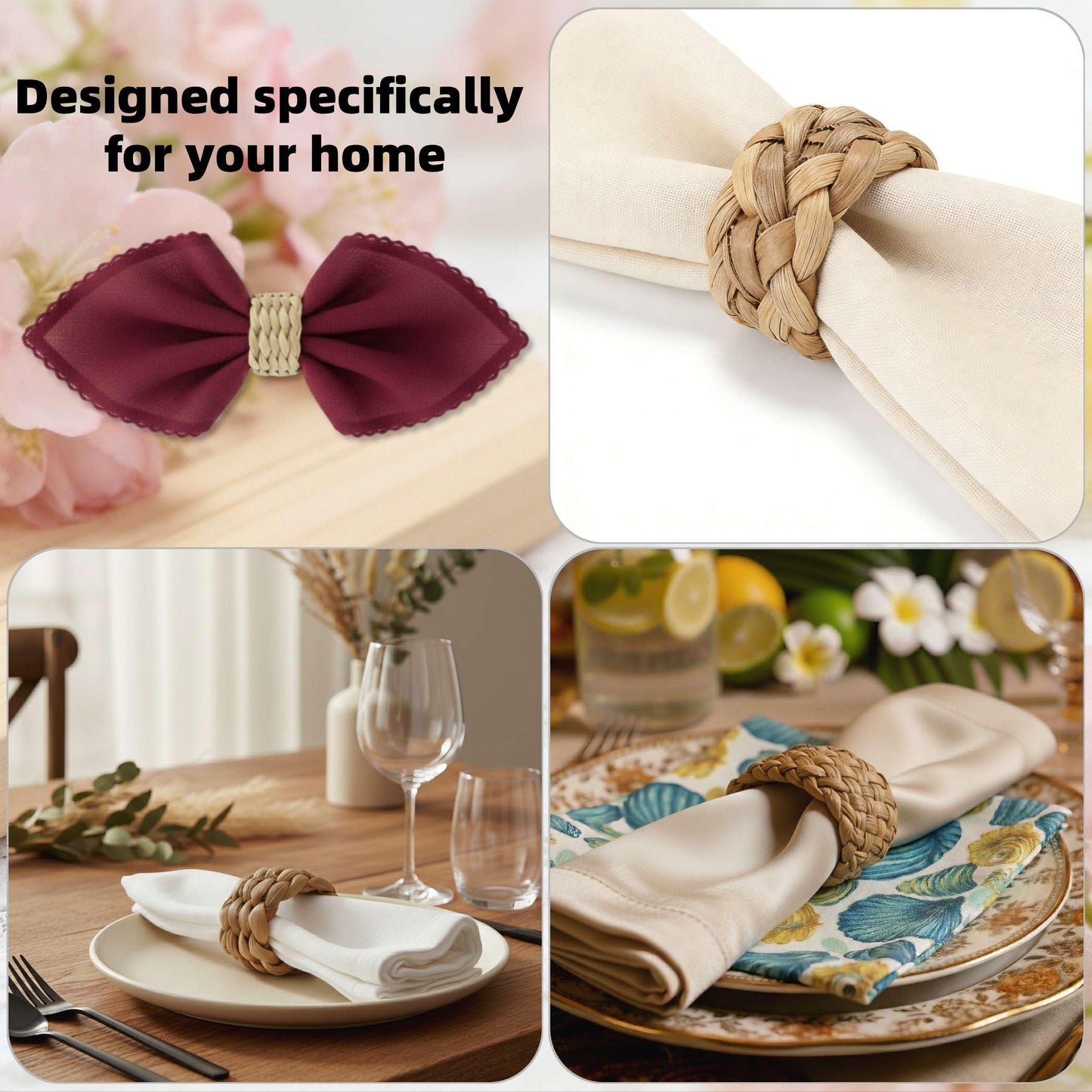 24 Pcs Napkin Rings Rattan for Thin Napkins, Handwoven Semicircle Wicker Napkin Holders for Boho Farmhouse Table Decor, for Thanksgiving, Weddings, Easter and Coastal Summer Parties