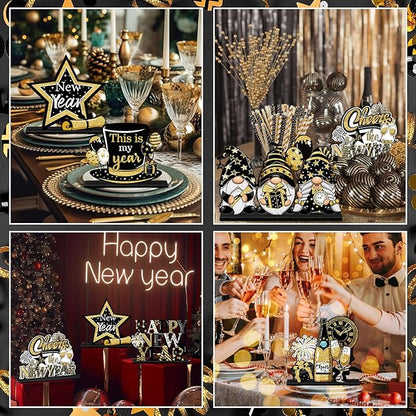 Realspring 6 Pc Happy New Years Table Decorations, New Year 2026 Wooden Table Centerpieces, Black Gold 2026 Party Supplies, Eve Party Supplies