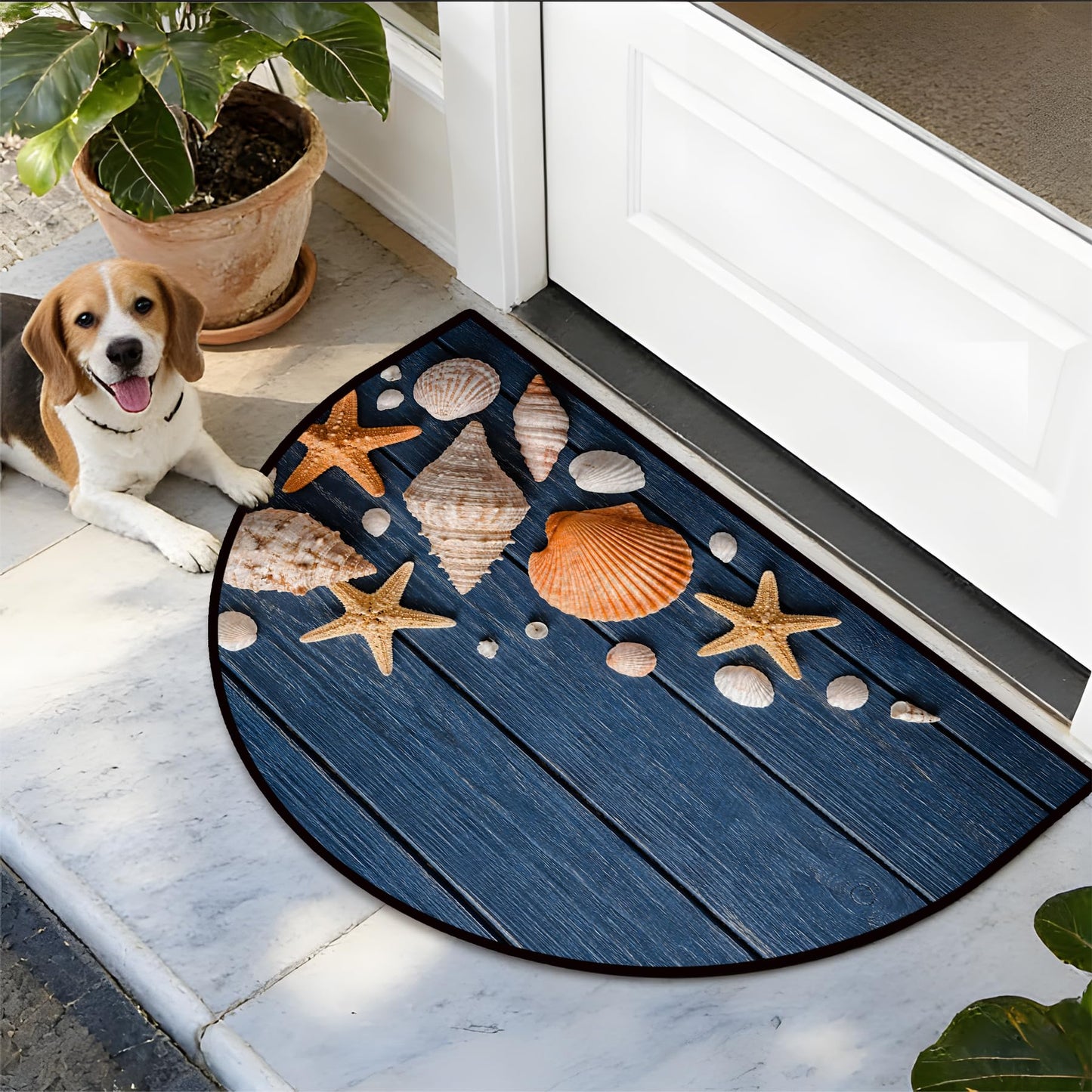 NYZE Half Circle Door Mat Indoor Outdoor Three-Proof Velvet Semi Circle Rug, Non-Slip Half Moon Entryway Rug for Bathroom, Kitchen, Half Round Door Mat (Seashell on Blue Wood, 24x36 inch)