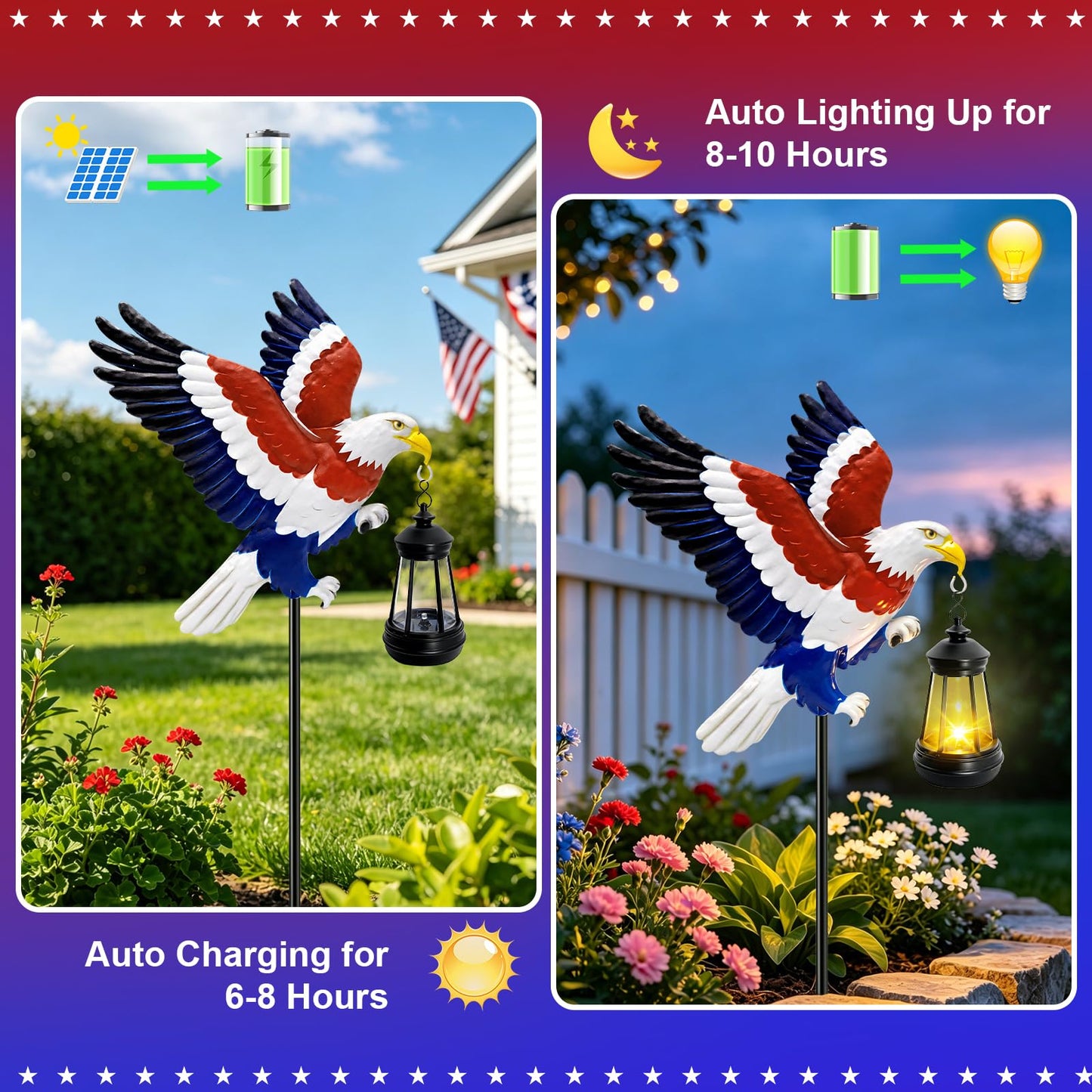4th of July Decorations Solar Lights Outdoor, Patriotic American Eagle Hanging Lantern Waterproof, Metal Garden Decor for Independence Day Veterans Day Holiday Party Decoration Yard Patio Decor