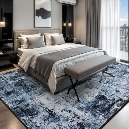 Rugflix 5x7 Area Rugs for Living Room, Washable Large Rug Stain-Resistant Low Pile, Modern Dark Carpet for Dining Room Home Office Kid Room Nursery Bedroom, Navy Blue/Black