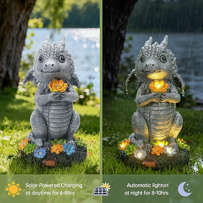 Solar Garden Outdoor Statues Dragon Holding Flower with Solar LED Lights - Lawn Decor Outdoor Statue for Patio, Balcony, Yard Ornament,Housewarming for Mom Grandma