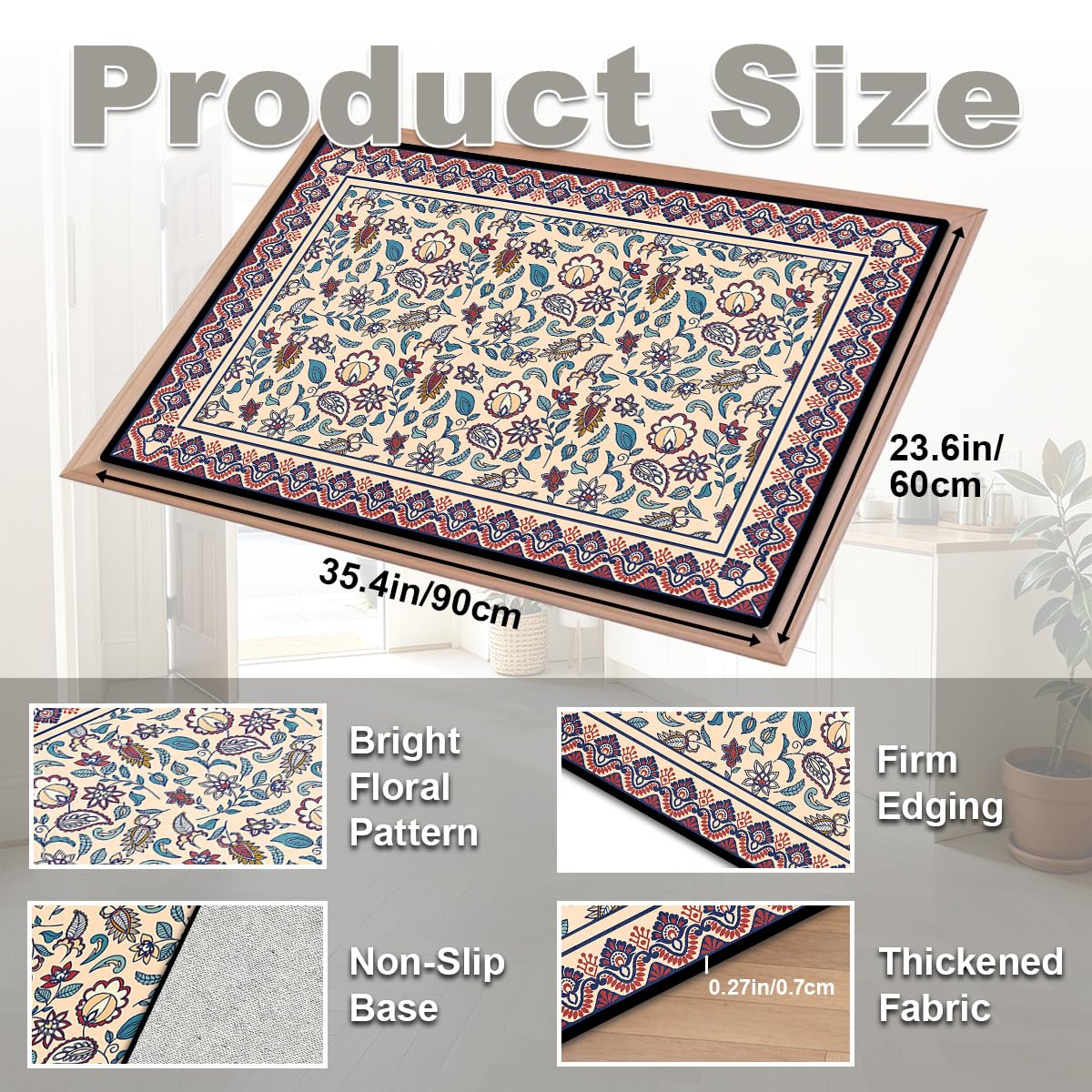 Washable Corridor Runner Rug, Non-Slip Hallway Rug with Upgrade Rubber Backing, Stain Resistant Faux Wool Distressed Carpet for Bedroom Kitchen Laundry Corridor Balcony (Leaf, 35.4" x 23.6")