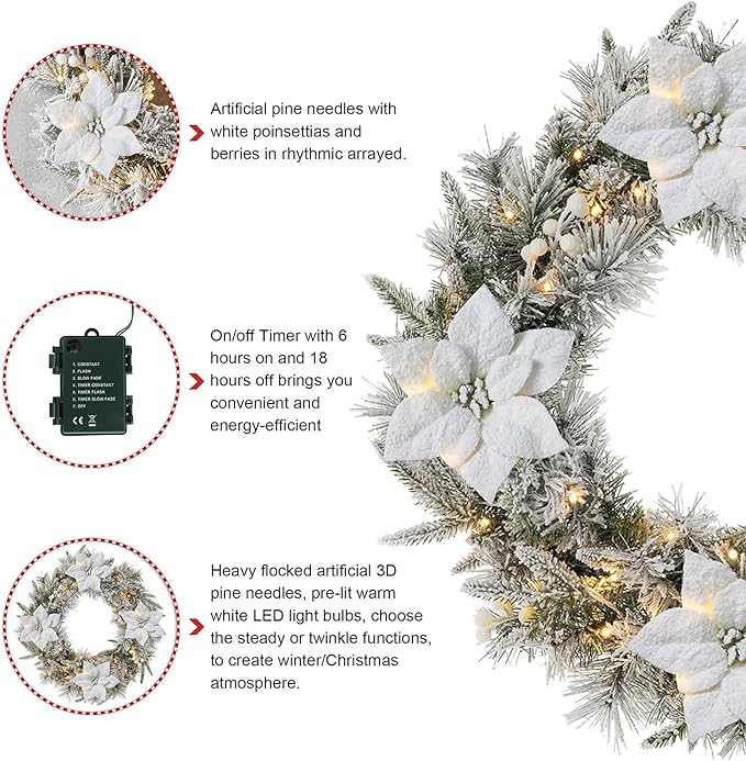 Glitzhome 24" D Pre-Lit Snow Flocked Greenery Pine Poinsettia Christmas Wreath, with 50 Warm White Lights with Timer