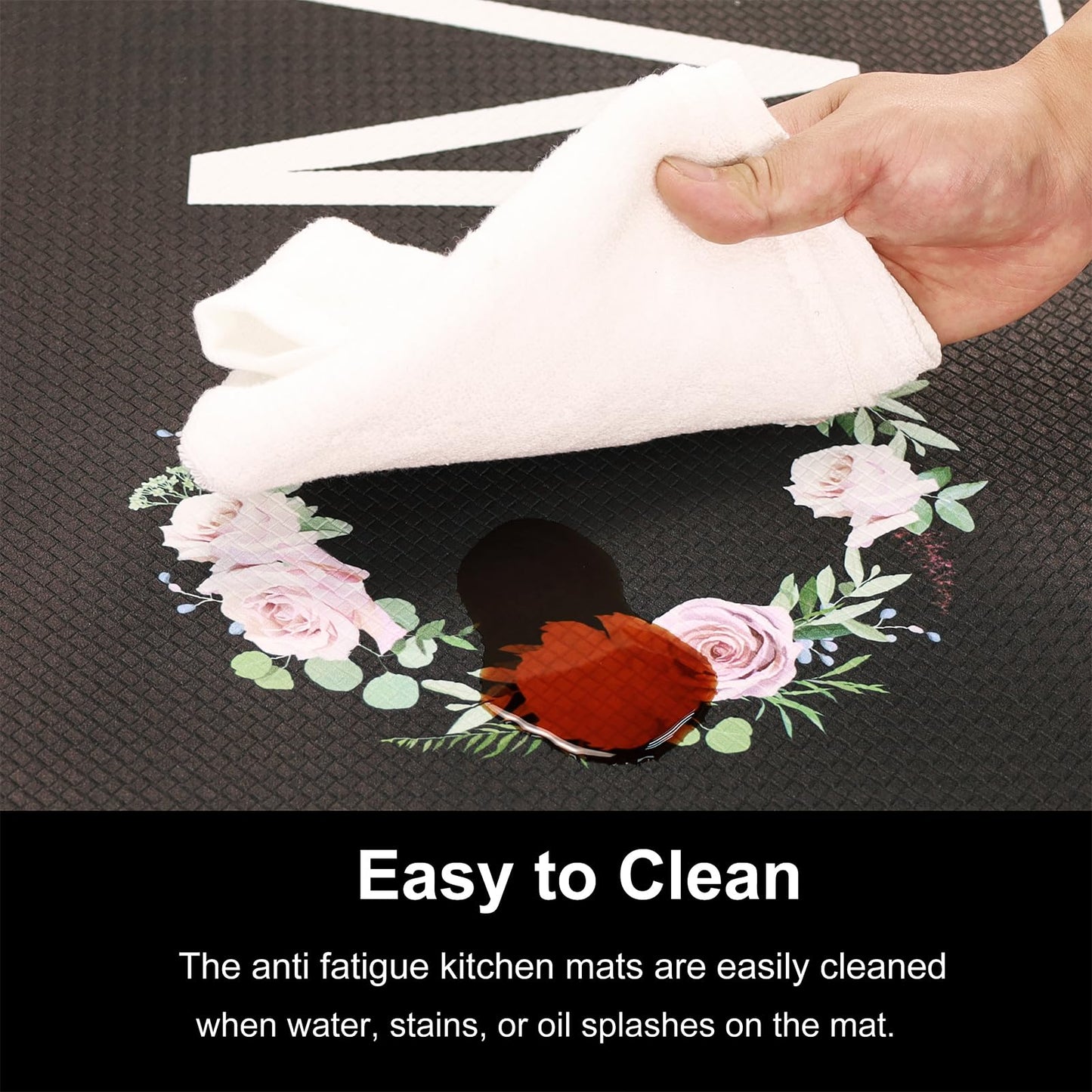 PCSWEET HOME Black Kitchen Mats for Floor 2 Piece Floral Anti Fatigue Mats for Kitchen Floor Kitchen Rugs Cushioned Anti Fatigue Waterproof for Kitchen, Laundry Room, 17.3"x30"+17.3"x47"