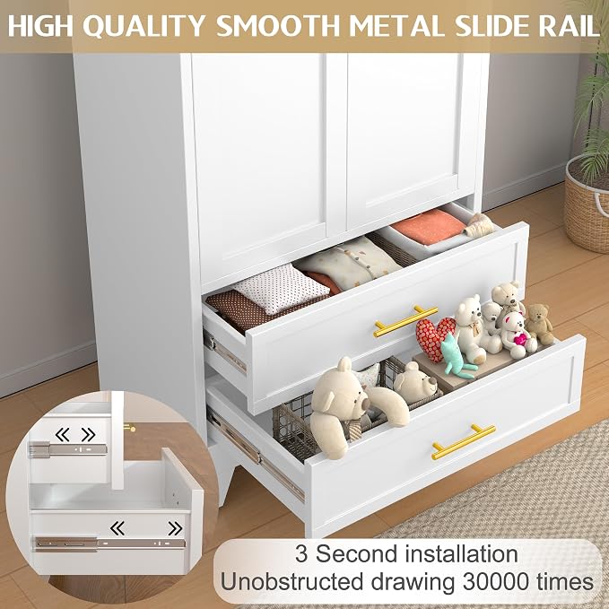 GAIOUS Metal Wardrobe Cabinet with Hanging Rod, Clothing Storage Cabinets | with 2 Door, 1 Adjustable Shelf and 2 Drawers, 71" Steel Armoire Wardrobe Closet for Bedroom, Gym, Cloak Room (White)