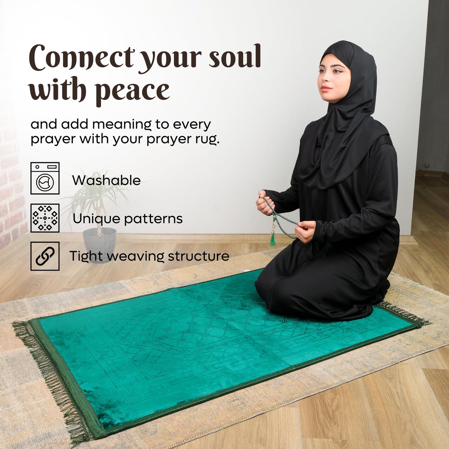 FIRASET Prayer Rug - Soft Plush Turkish Janamaz Sajada Carpet for Men and Women - Plain Solid Prayer Mat Ramadan Eid Gift - with Prayer Beads - Luxury Floral Stamp, Dark Green
