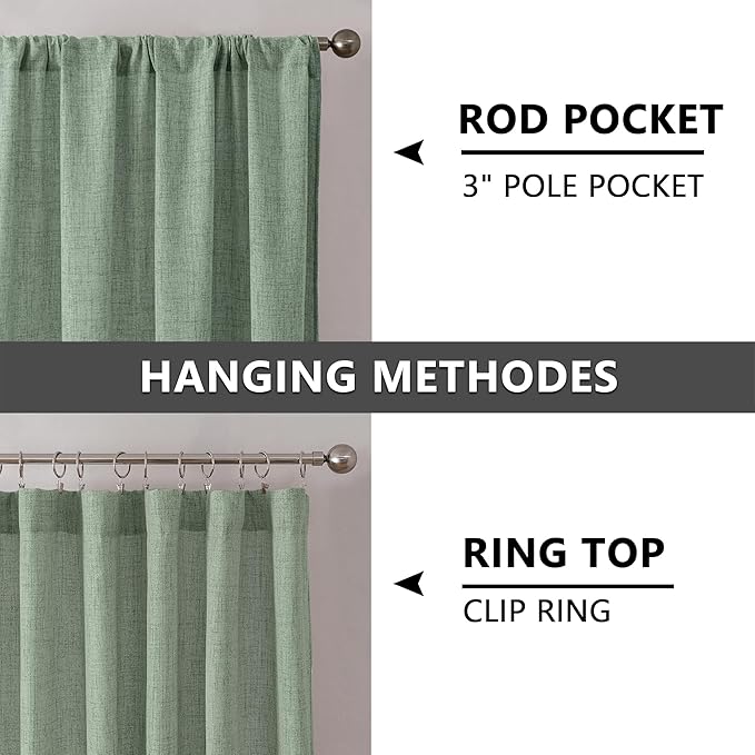 Tollpiz Short Linen Curtains Living Room Rod Pocket Semi Sheer Curtain Burlap Light Filtering Thick Linen Drapes for Bedroom, 54 x 54 inches Long, Sage Green, Set of 2 Panels