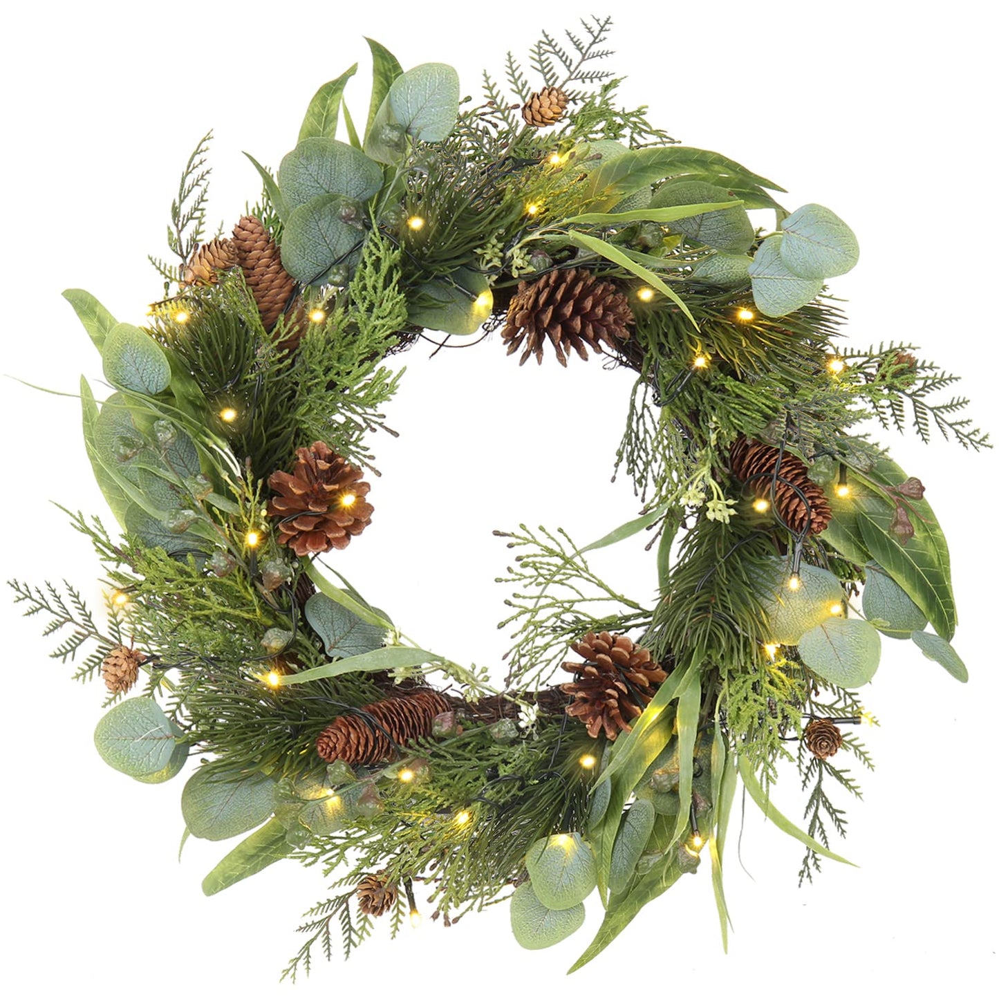Pre Lit Christmas Wreath for Front Door Lighted Green Wreath Decorated with Pine Cones,Berry Clusters, Abundant Fit Branches 18” Christmas Wreaths for Windows Winter Wreath Hanging Wall Decor