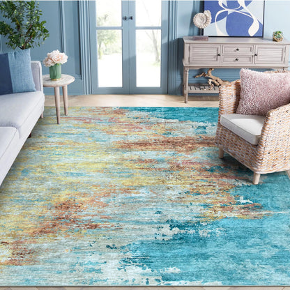 Beeiva Abstract Washable Rugs 8x10, Large Non Slip Area Rug for Living Room, Ultra Thin Foldable Low Pile Carpet for Bedroom Dining Room Playroom - Yellow/Blue