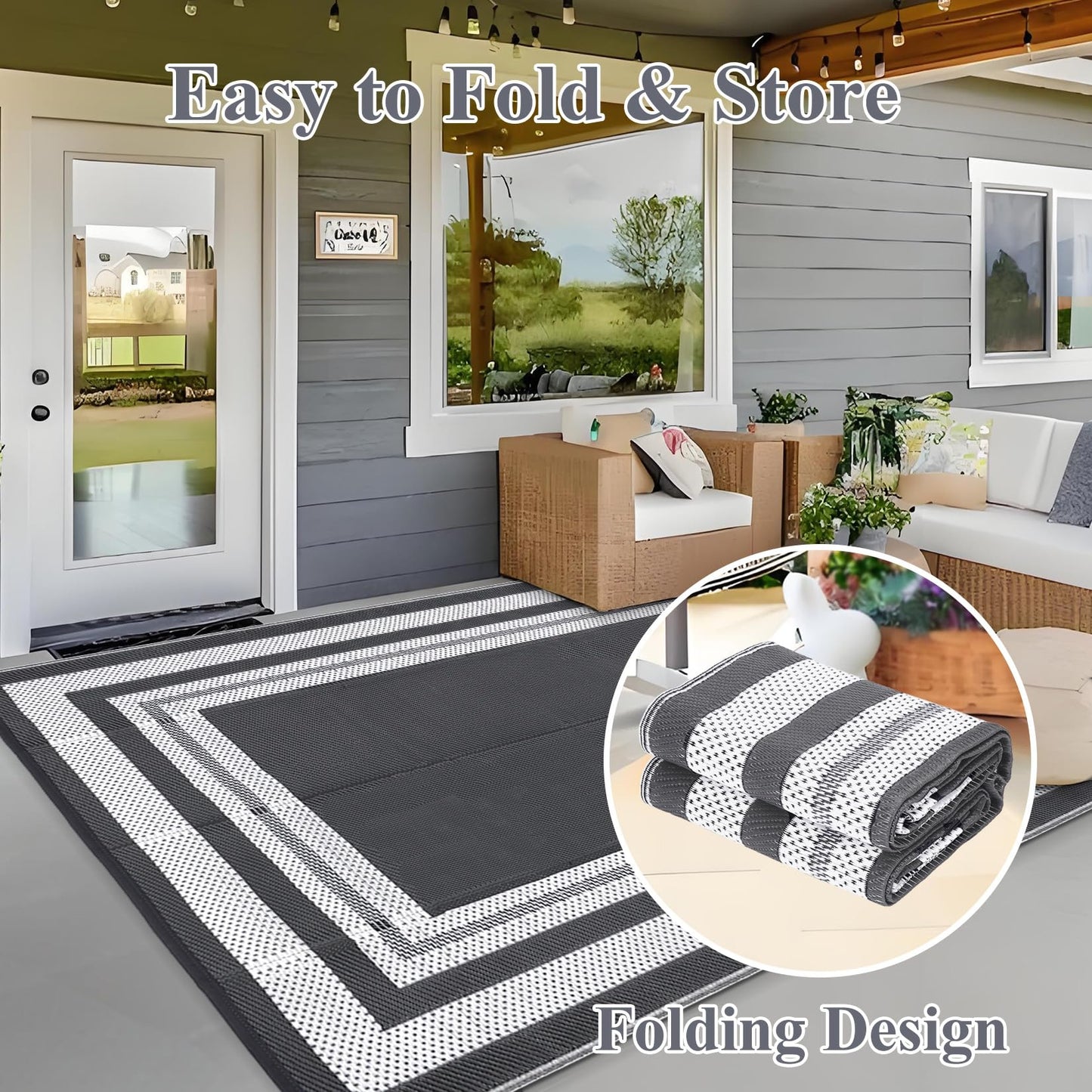 GAOMON Outdoor Rug for Patio 9x18 Plastic Straw Rug Waterproof Reversible Mat Modern Bordered Patio Rug for Porch RV Backyard Pool Deck Picnic Beach Trailer Camping Border-Grey/White