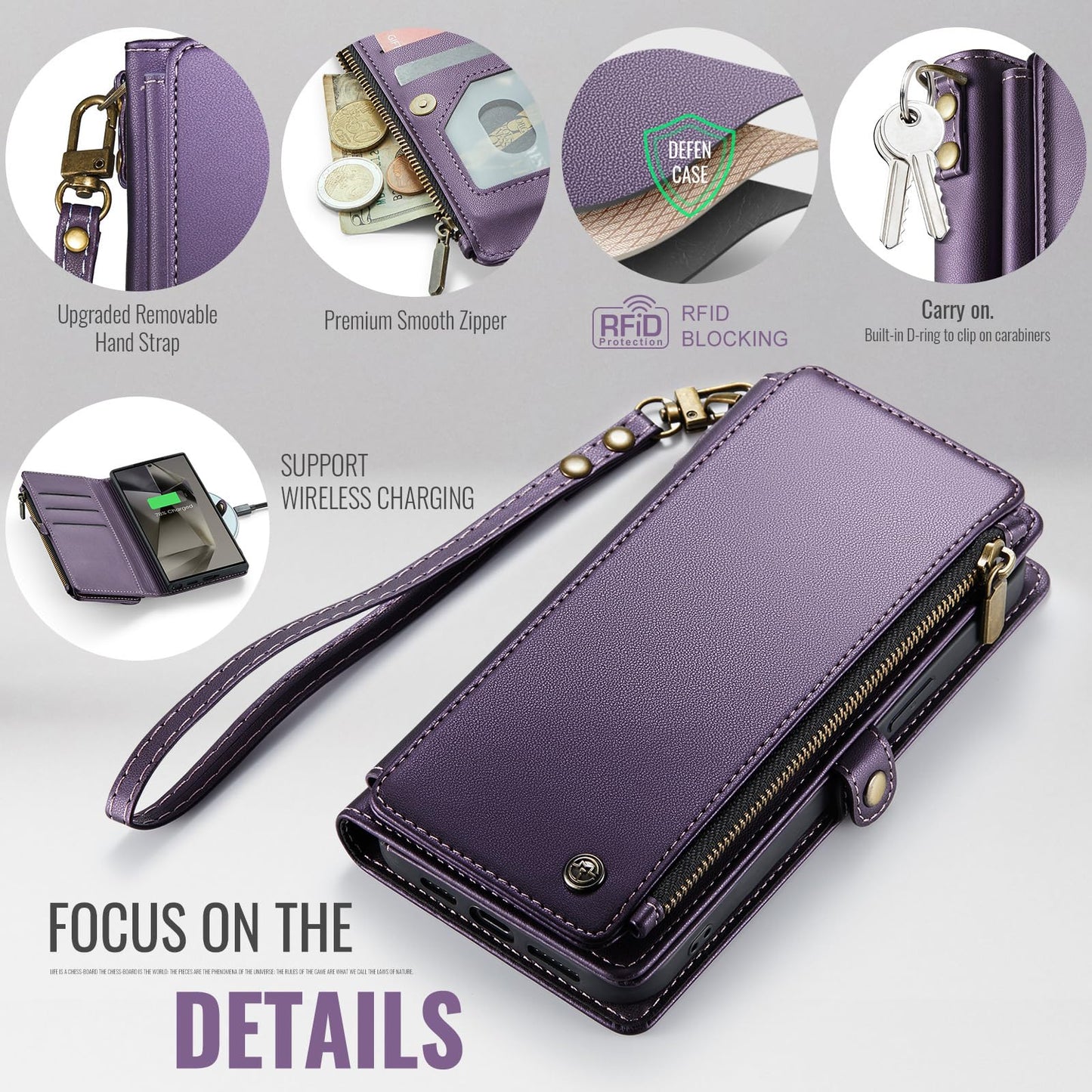 Defencase Compatible with Samsung Galaxy S24 Ultra Case Wallet with RFID Blocking Card Holder for Women Men, PU Leather Magnetic Snap Flip Zipper Strap Phone Case Fit for Galaxy S24 Ultra 5G, Purple