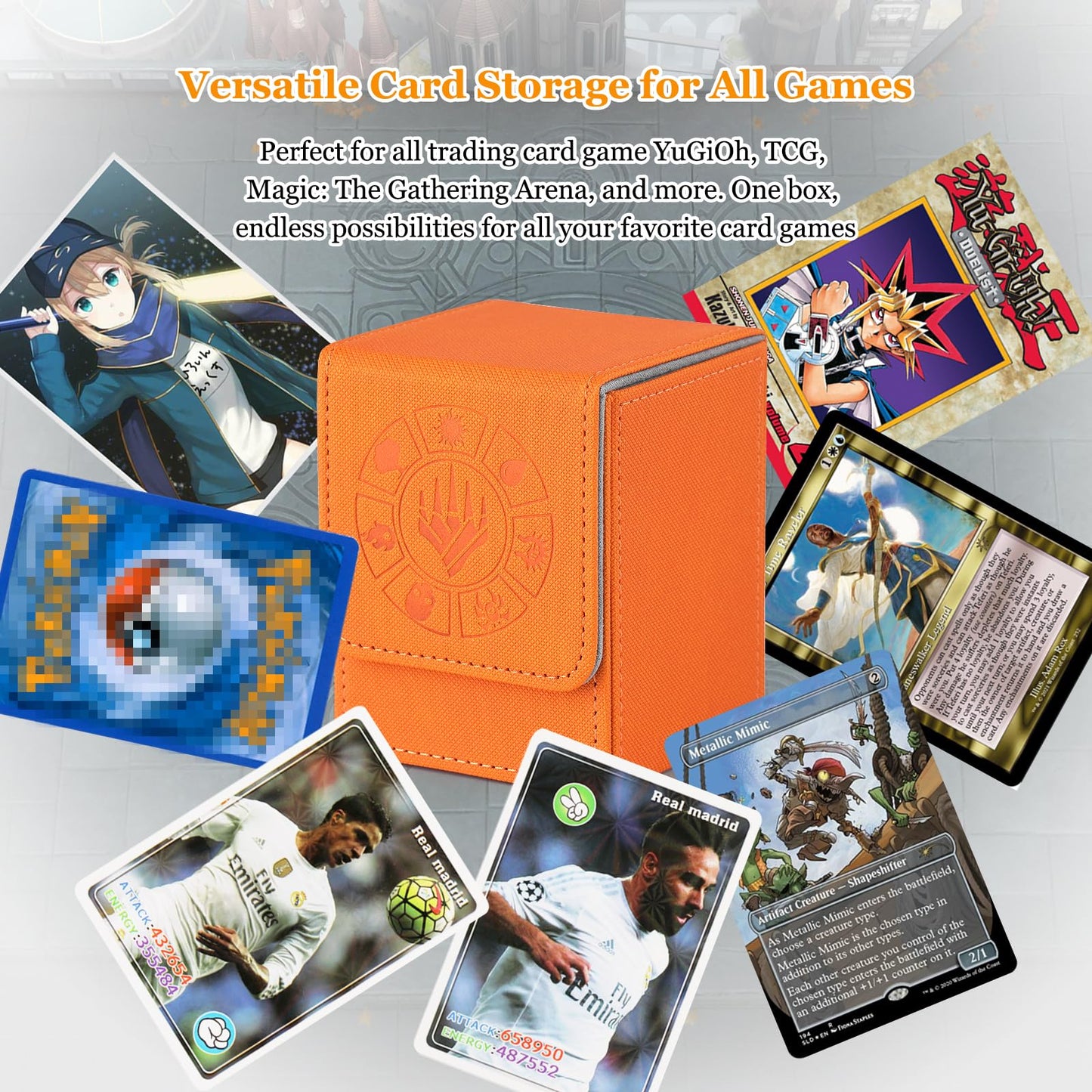 Arkeiliy Card Deck Box, 110+ Storage MTG Deck Box with 50 Pcs Card Sleeve, Collectible Trading Card Cases for Magic Commander and More (Orange)