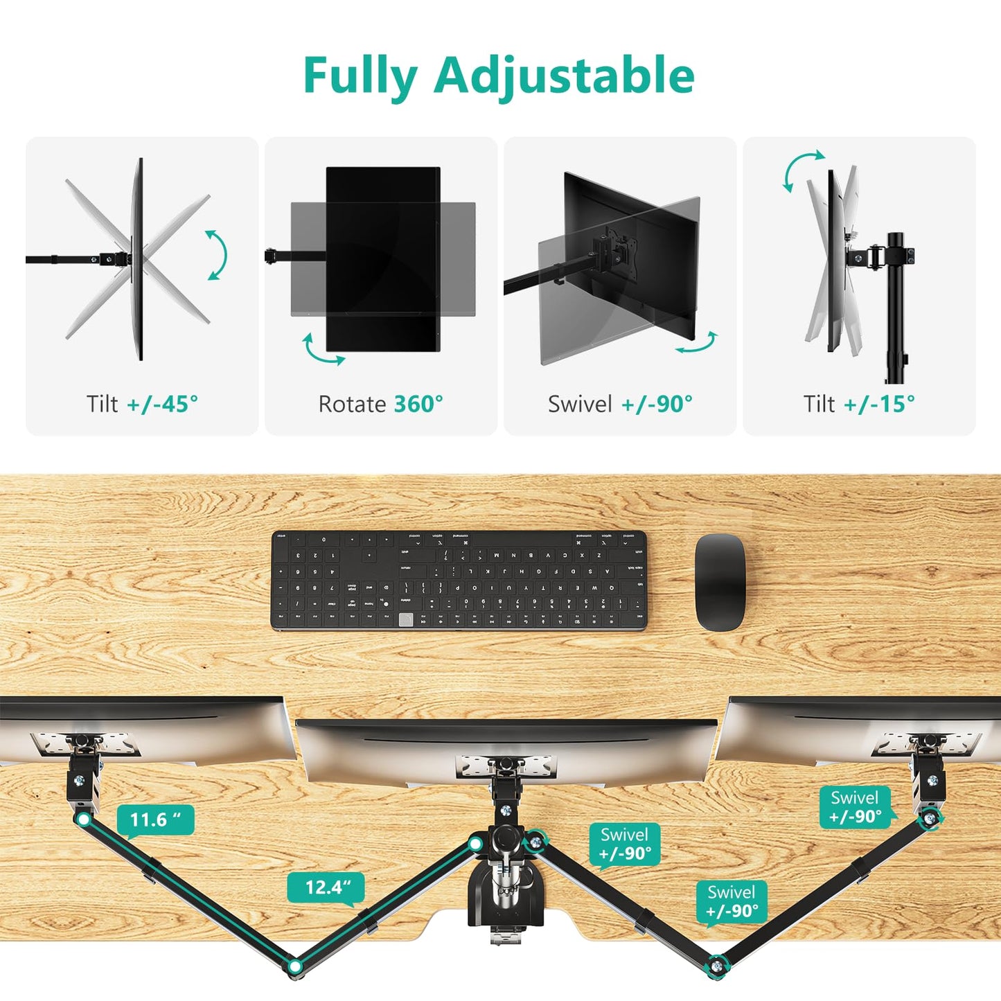 WALI Triple Monitor Mount, Heavy Duty Triple Monitors Stand up to 27 inch Screens, Adjustable 3 Monitor Desk Mount with Swivel, Tilt, Rotation, Clamp & Grommet Base Kit (M003SN), Black