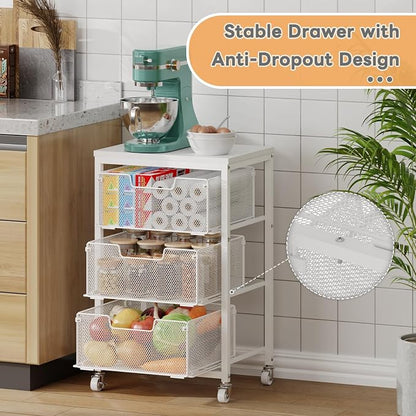 Kitchen Cart with Storage, 3-Tier Pantry Organizer and Storage Cart with Drawer, Fruit Vegetable Storage Cart with Wheels, Wooden Top Metal Wire Kitchen Organizer Rack Stand for Snack Onion Potato