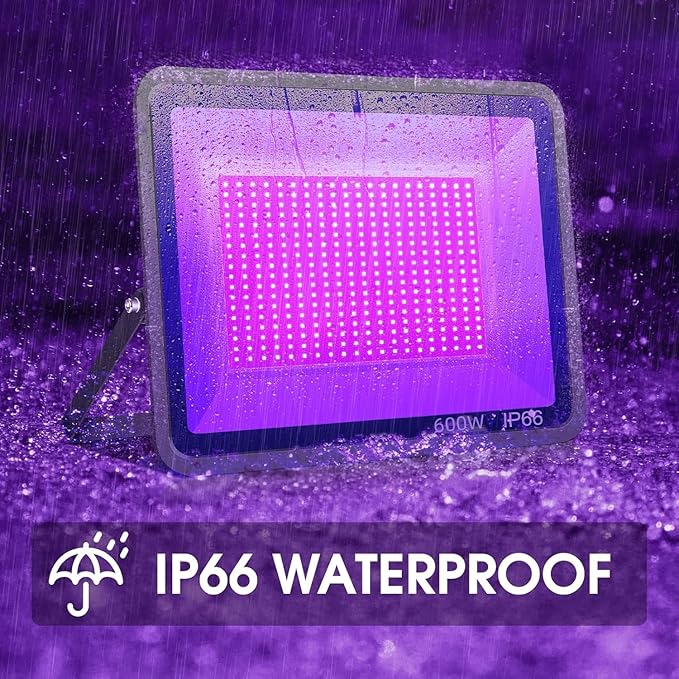 600W 2 Pack LED Black Light,395nm to 405nm LED UV Blacklight, IP66 Waterproof Black Flood Light Outdoor with Plug and SwitchNeon Glow for Glow Party, Halloween, Fluorescent Poster, Body Paint