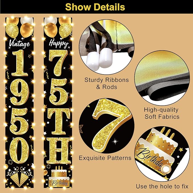 75th Birthday Party Banner Lighted Decorations for Men and Women - Black Gold Vintage 1950 75th Birthday Door Banners with LED Light, 75 Years Birthday Party Supplies for Indoor Outdoor Decor