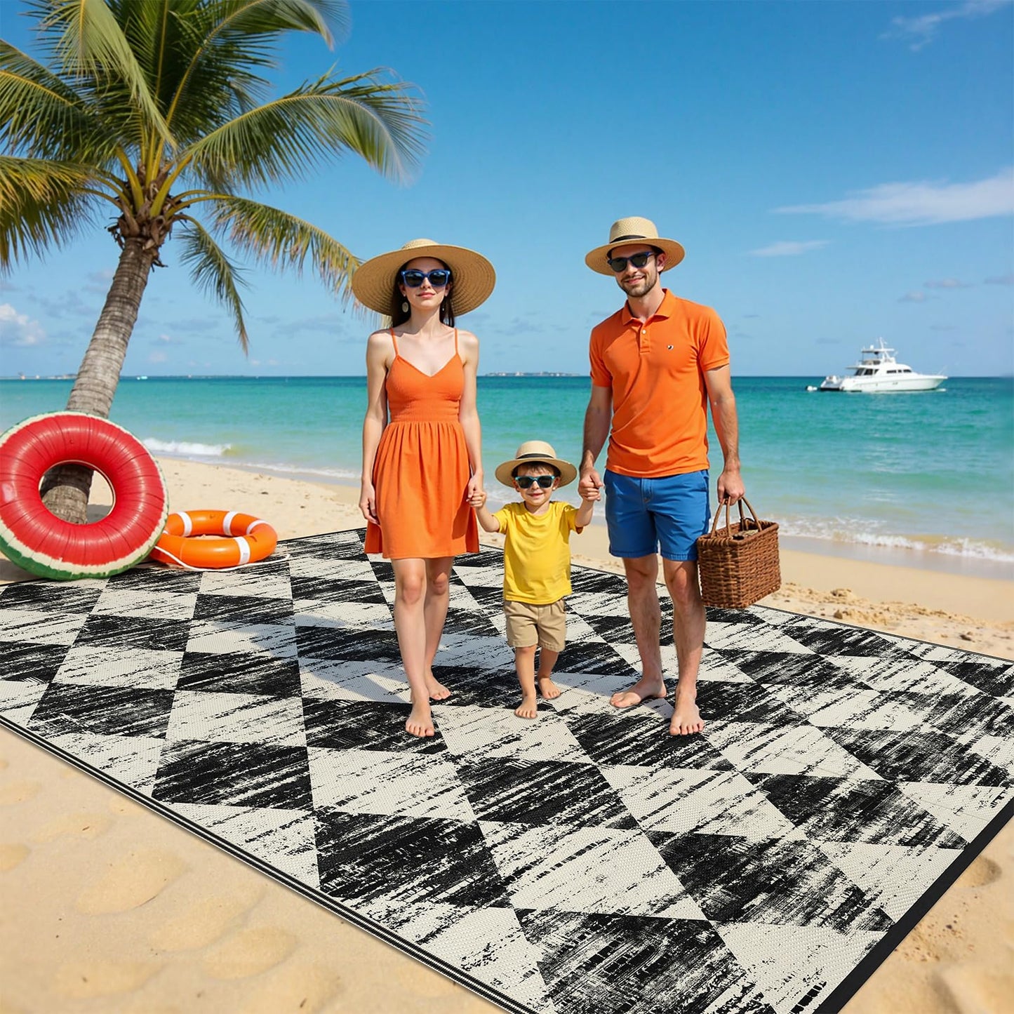 HEBE Checkered Outdoor Rug Waterproof 8x10, Reversible Plastic Straw Rug RV Camping Rug, Indoor Outdoor Patio Mat Clearance, Outside Carpet for Porch, Deck, Camper, Balcony, Backyard, Picnic