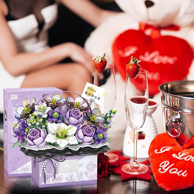 MEIEST Flower Bouquet Building Blocks Model SetSimulation Artificial Rose Handheld Gift BoxBonsai Plant Building Bricks ToysHome Decor (Mist Purple)