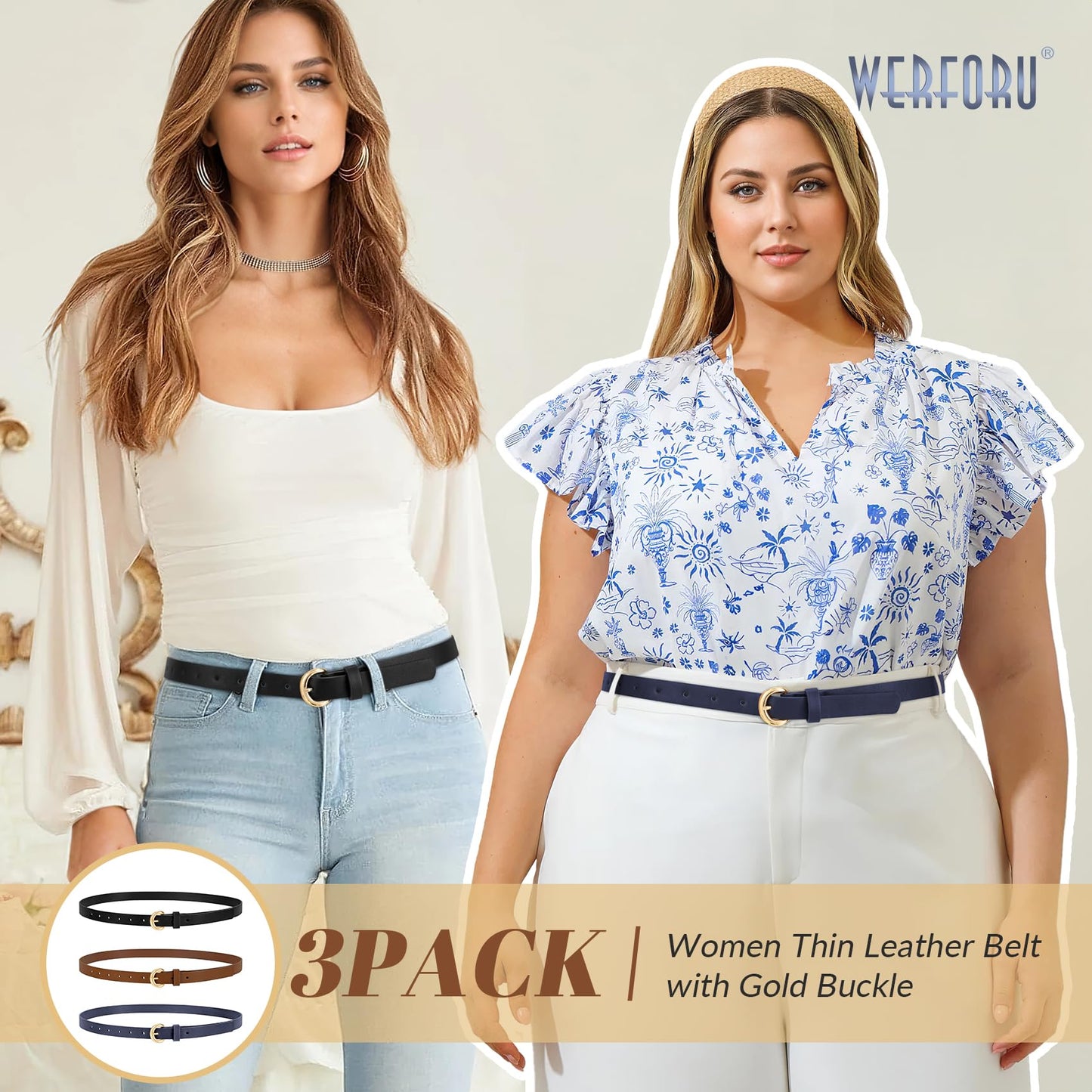 WERFORU 3 Pack Women Skinny Belt Thin Waist Belt for Women Leather Belt with Gold Buckle for Jeans Pants Dress 0.74" Width,Black+Brown+Navy blue,Fit Waist Size 37"-41"
