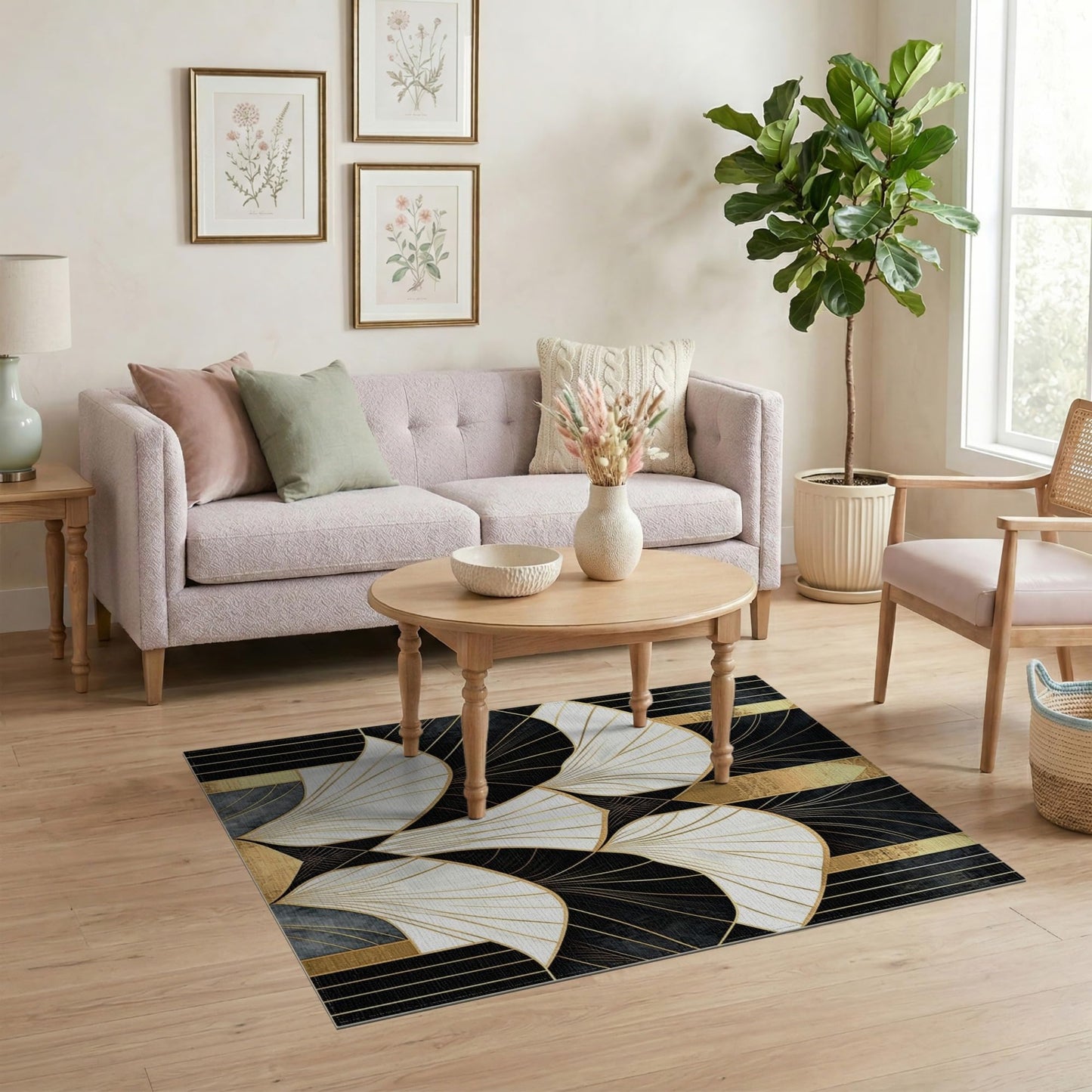 Flatwoven High Traffic Area Rug 4x6, Art Deco Inspired Rug with Stylized Fan Motifs and Angular Linework Design, Non Slip, Stain Resistant, Washable Area Rugs for Living Room, Bedroom (Black, 4x6)