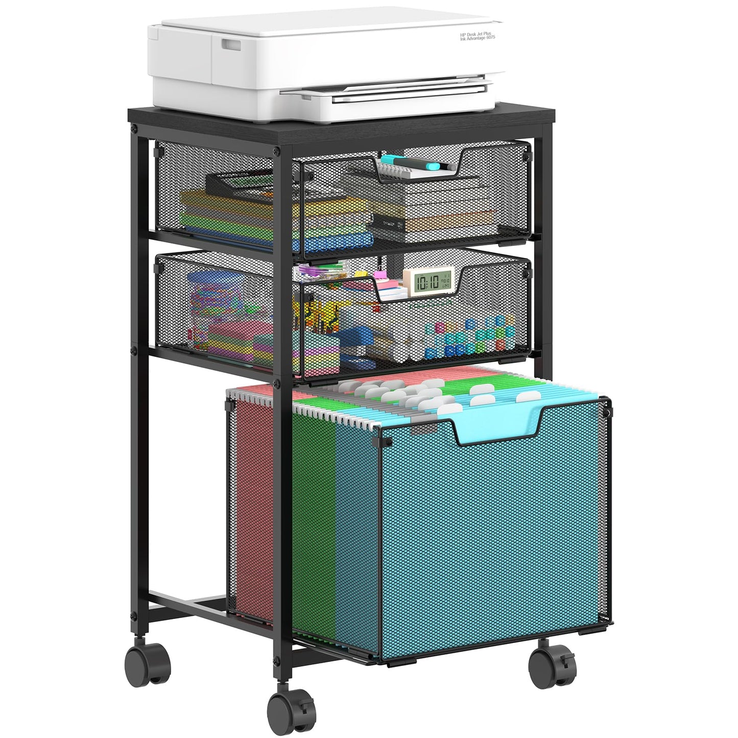 Sbanmao Rolling File Cart with 3 Drawers, Filing Cabinet, Hanging Folder Holder Organizer with Wheels, Under Desk Storage Utility Cart, File Cabinet Printer Stand for Home Office, Black