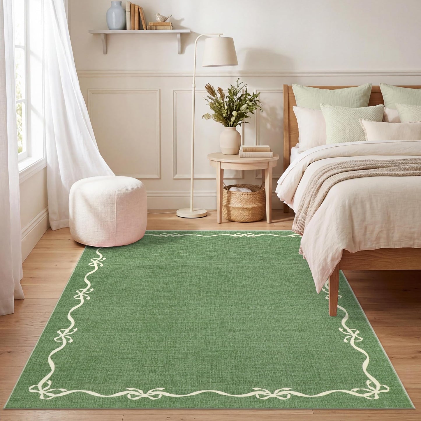 Garvee Solid Green Rug for Bedroom Girls, 4x6 Bow Area Rugs for Living Room with Soft Low Pile, Non Slip Coquette Washable Rug 4x6 for Nursery Kids Playroom Dining Room College Dorm Carpet
