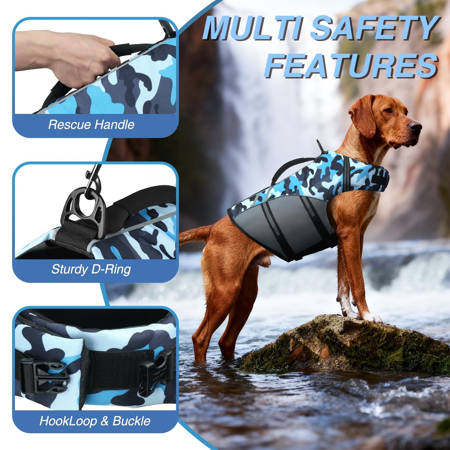 VIVAGLORY Dog Life Vest Sports Style Dog Swim Vest, L, Camo Blue
