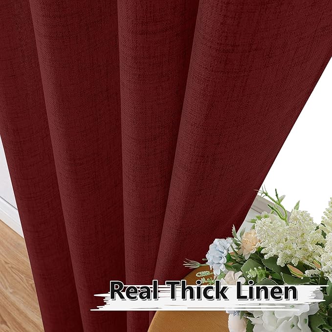 Tollpiz Short Linen Curtains Bedroom Rod Pocket Semi Sheer Curtain Burlap Light Filtering Thick Linen Drapes for Living Room, 38 x 45 inches Long, Burgundy Red, Set of 2 Panels