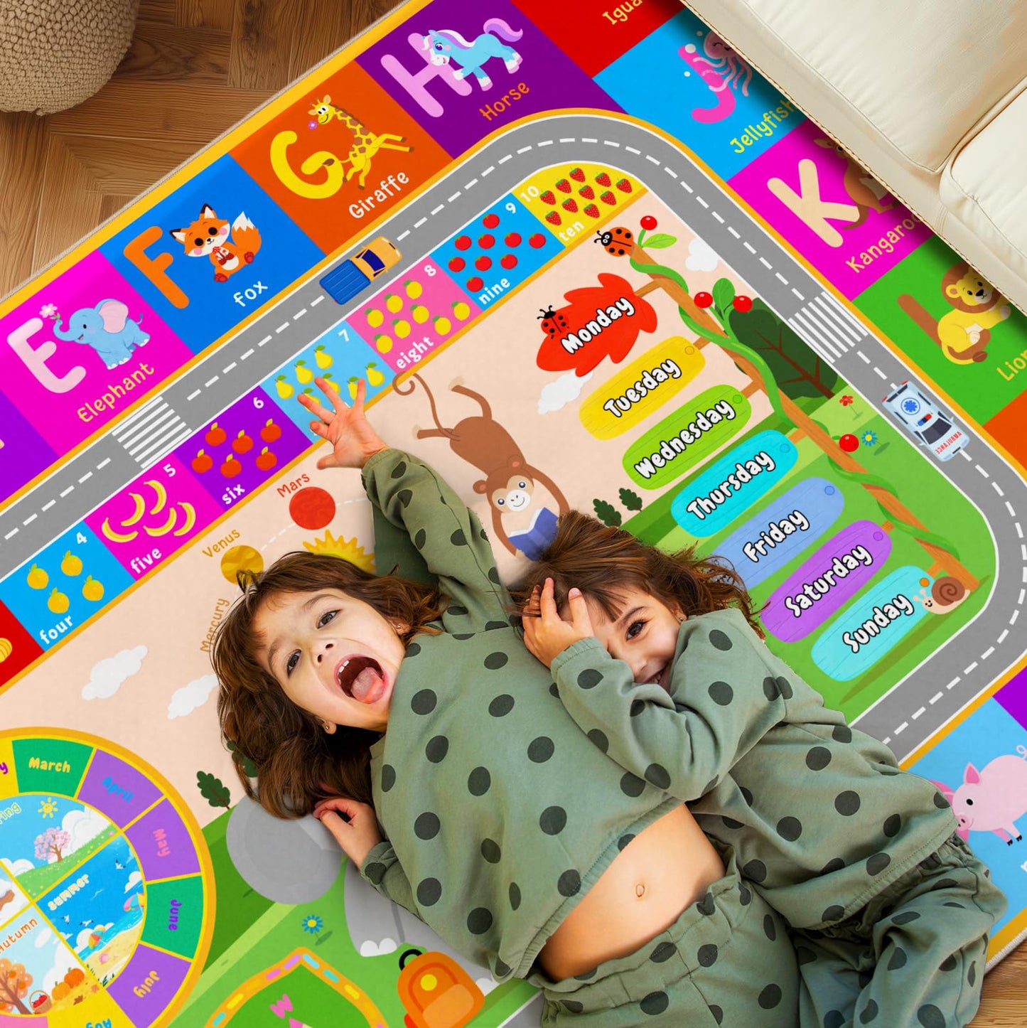 Pionblank Kids Rug for Bedroom Playroom Classroom Kindergarten, 3x4 Educational Area Rugs with ABC Alphabet Numbers Color Season Month for Toddler Nursery Girls Boys