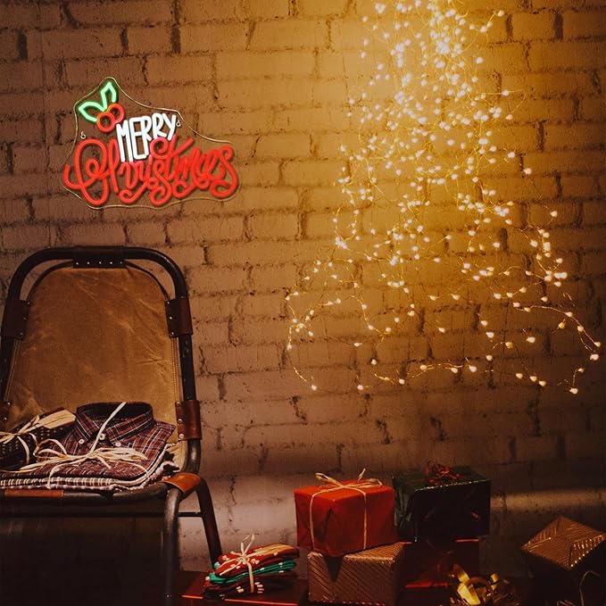 Merry Christmas Neon Sign, LED Sign XMAS Holly Berries for Christmas Decor, Holiday Wall Decoration, USB Powered, Adjustable Brightness