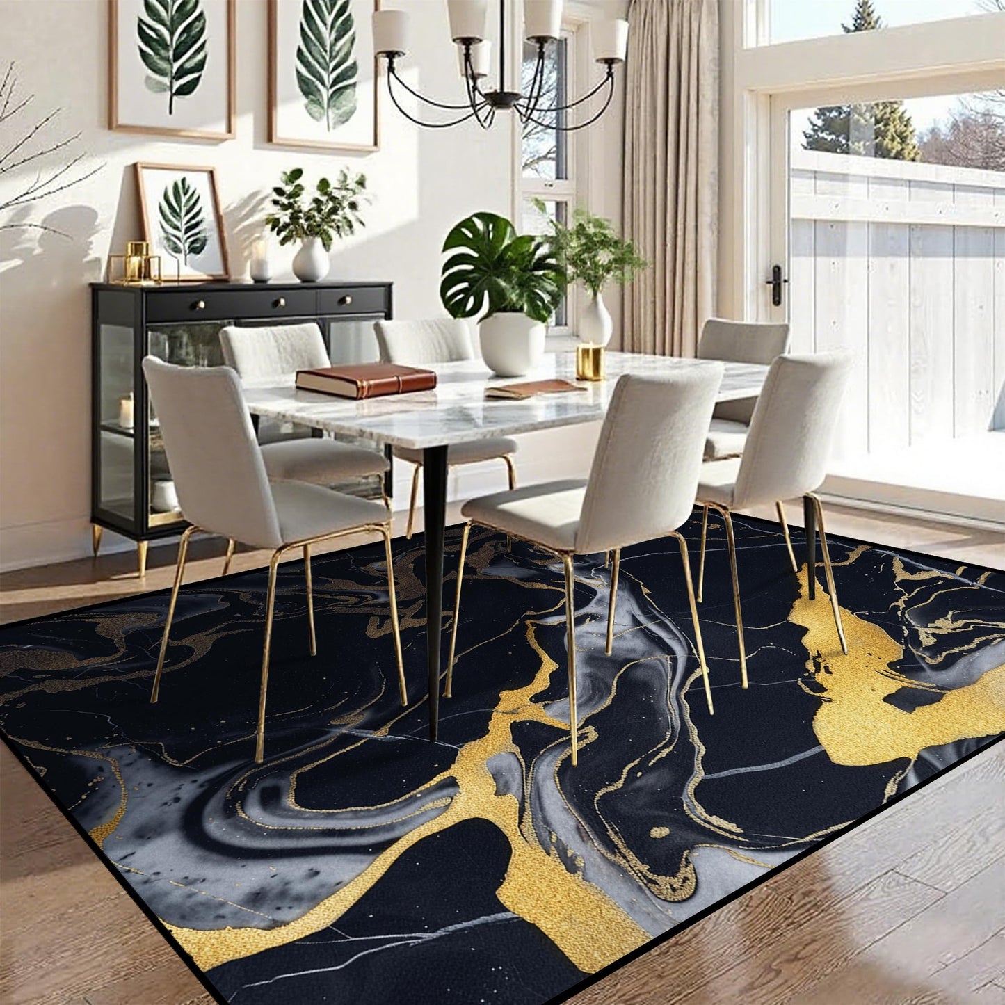 VTKON 5' x 7' Marble Area Rug for Living Room Bedroom Dining Room Black Gold Marble Rug Marble-Patterned Carpet Marbled Throw Rug for Kids Adults Washable Floor Mat Non-Slip Carpet Game Room Decor