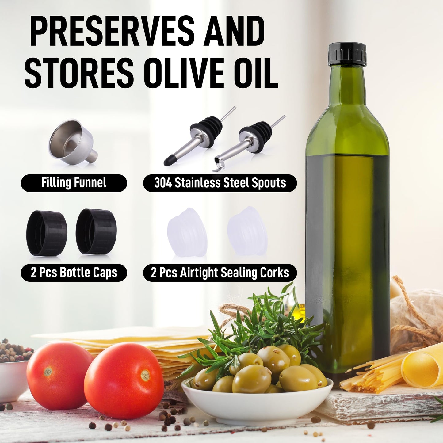Zulay 17oz Olive Oil Dispenser Bottle – Glass Oil Cruet with Spout, Funnel & Pourers, Easy-Pour Decanter for Kitchen Cooking and Serving (Green)