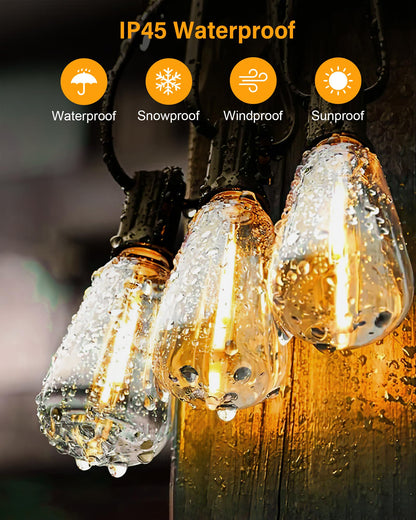 Doukedge Outdoor String Lights Waterproof, 50FT Patio Lights with 26 ST38 Edison Bulbs (1 Sqare), Outside Hanging Decorative Lights for Porch, Blacony, Blackyard, Bistro, Garden, 2700K
