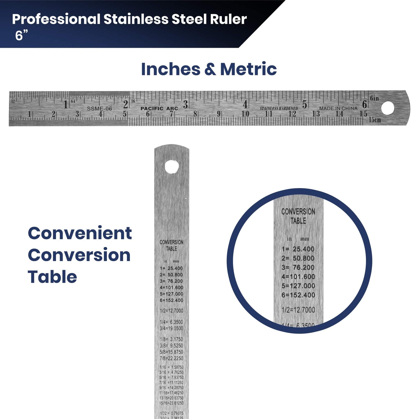 Pacific Arc 6 Inch Stainless Steel Ruler with Inch/Metric Conversion Table, 2 Pack
