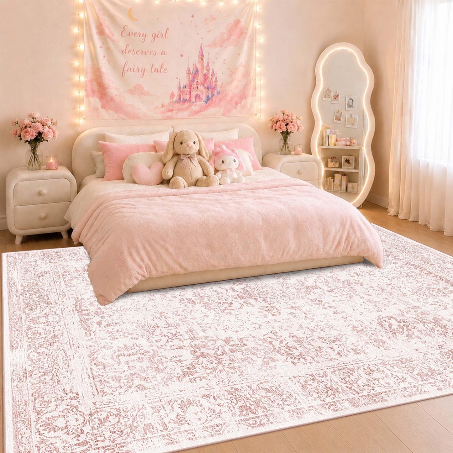 OHWPEAT Washable Pink Rug for Girls Bedroom, 6x9 Area Rugs for Living Room, Non Slip Low Pile Large Indoor Carpet, Soft Cute Rug for Kids Nursery, Kitchen, Dining, Classroom, Playroom, Dorm, Office