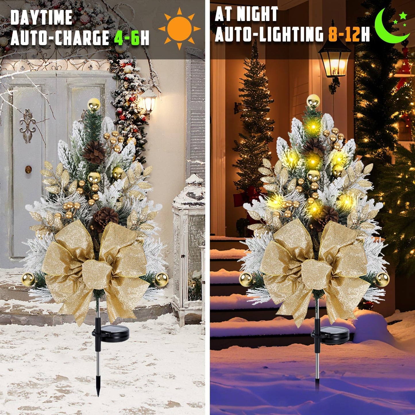 2 Pack Gold Outdoor Pathway Christmas Tree Urn Filler Solar Waterproof Cemetery Xmas Tree Faux Pine Cones Gold Christmas Ball Berry Pathway Light Ornament Stakes for Yard Garden Lawn Walkway Cemetery