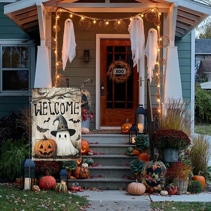Halloween Garden Flag, 12x18 Inch Halloween Flag, Welcome Yard Flag with Ghost, Pumpkin for Outdoor Porch Decorations