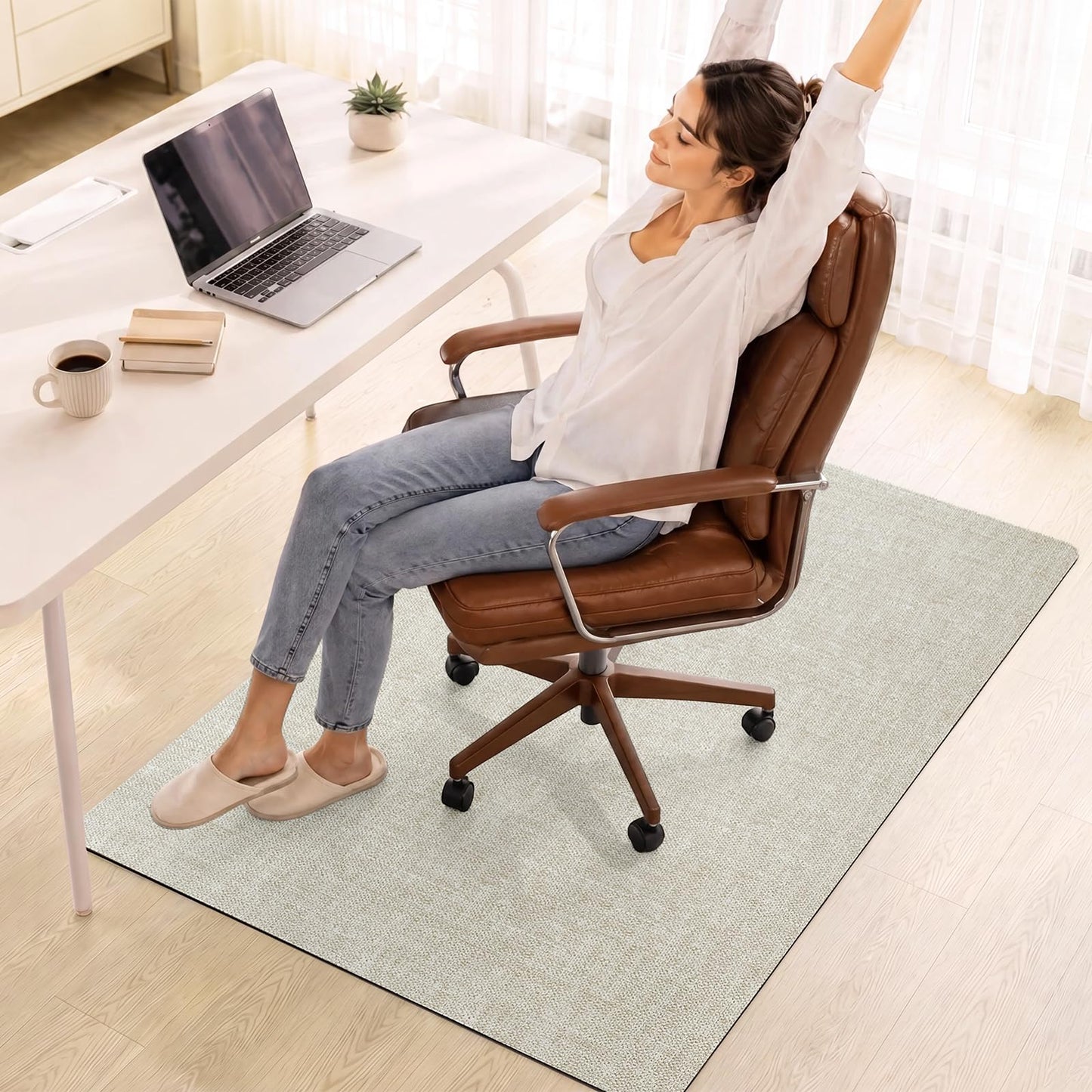 YDKGL PU Office Chair Mat for Hardwood Floor, 32"x48" Self-Adhesive Rolling Chair Mat for Under Desk, Large Non-Slip Heavy Duty Hard Floor Protector for Wood/Tile, Desk Rug for Home Office Beige