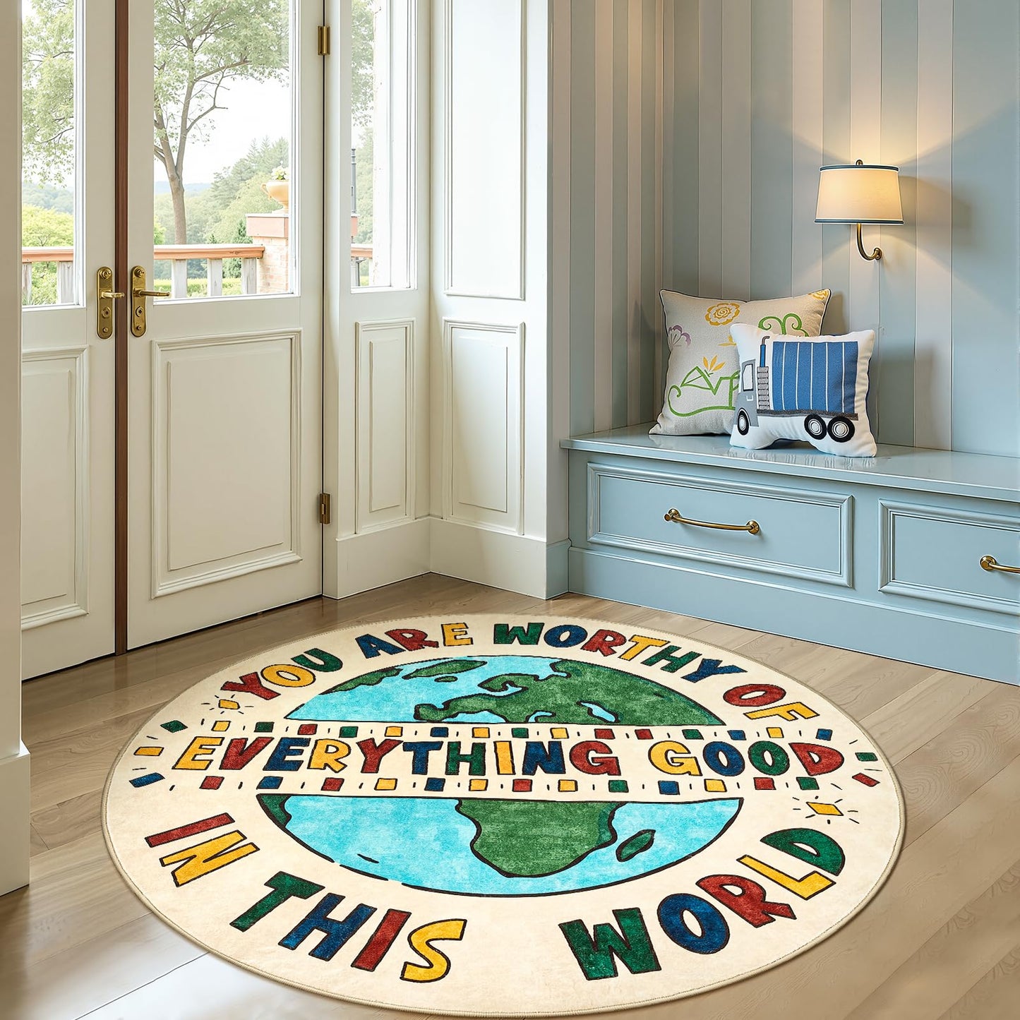 JINCHAN 4ft Round Rug Washable Fun Rug You Are Worthy Playroom Mat Non Slip Cheerful Circle Cool Floor Cover Soft Cozy Low-pile Emotional Support Throw Carpet for Entryway Kids Gift Teens Dorm Bedroom