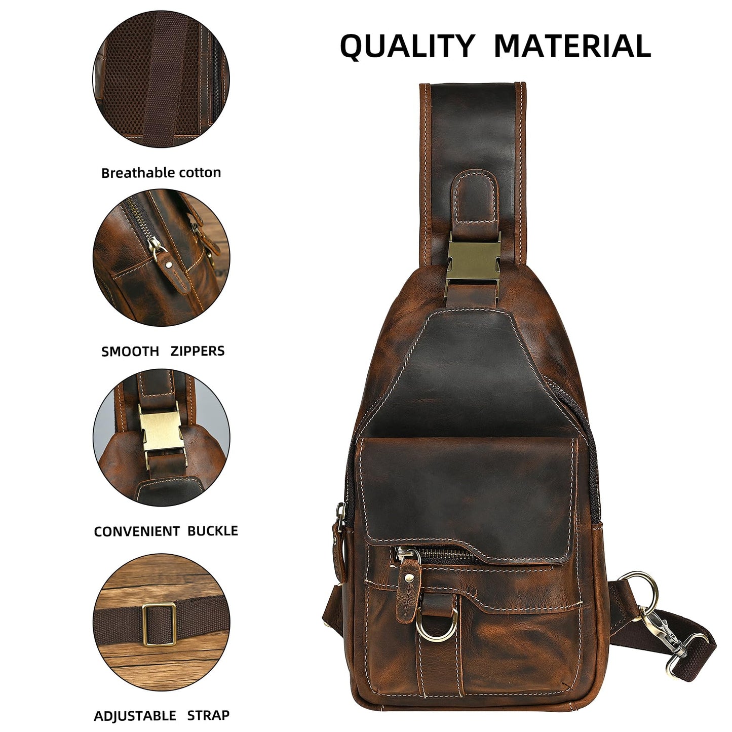 Handadsume Water Resistant Canvas + Leather Hiking Travel DayPack Sling Crossbody Triangle Chest Pack Bag For Men Women FB8013 (100% Genuine Leather-8015 Brown)