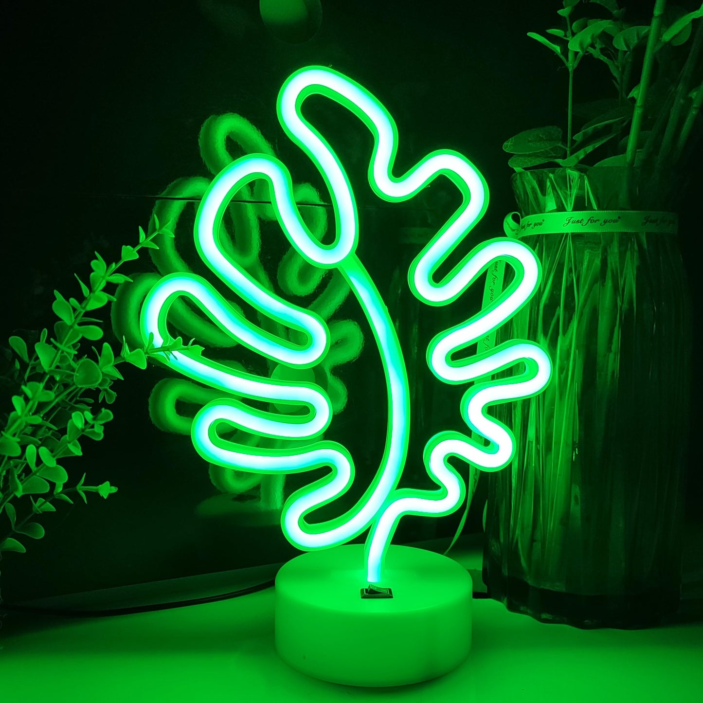 JYWJ Neon Signs with Holder Base,USB or 3-AA Battery Powered Neon Light,LED Table Decoration,Bedroom Wall Decoration,Birthday Gift,Wedding Supplies Business Gift(Leaf)