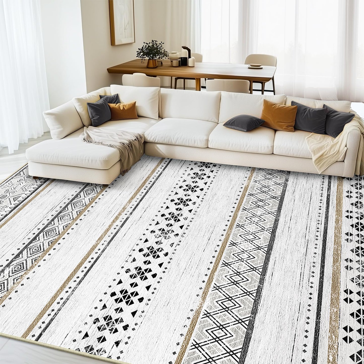 BESTSWEETIE 8x10 Area Rugs for Living Room Washable Moroccan Farmhouse Neutral Geometric Low Pile Non-Slip Soft Print Pattern Rug for Bedroom Kitchen Dining Room Entryway Black/Brown