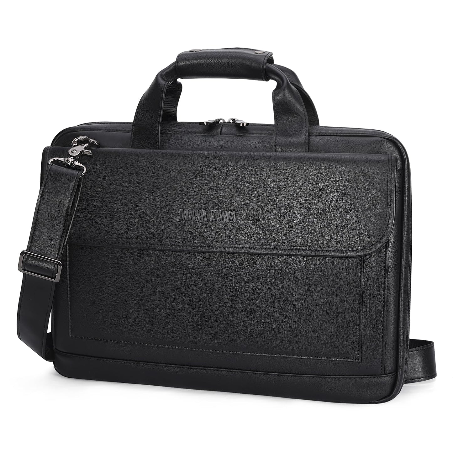 Masa Kawa Leather Briefcase for Men Slim 15.6" Laptop Bag Waterproof Crossbody Shoulder Messenger Computer Attache Case for Business Work, Black