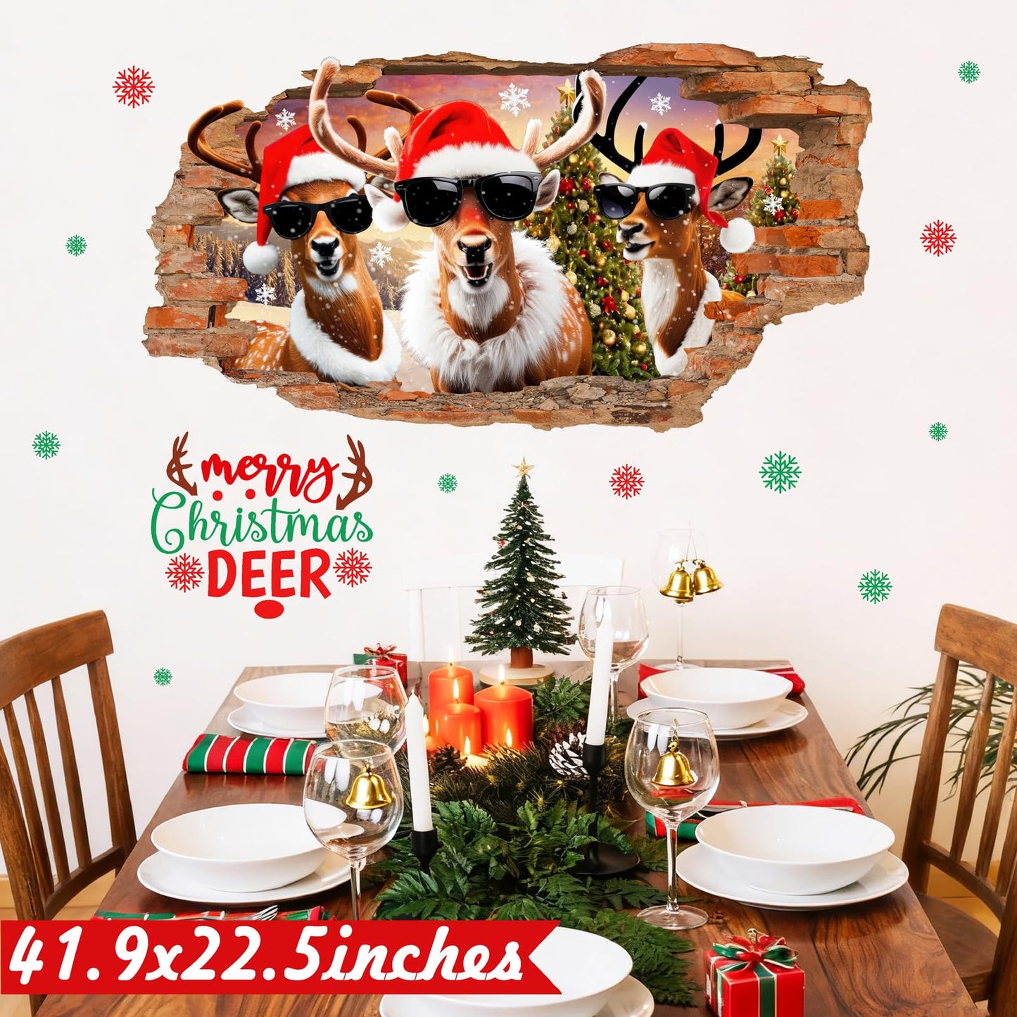 Christmas Wall Stickers Decoration Merry Christmas Wall Decals Peel and Stick 3D Winter Broken Walls Sticker Indoor Xmas Cartoon Deer Vinyl Art Mural for 2026 New Year Holiday Party Supplies