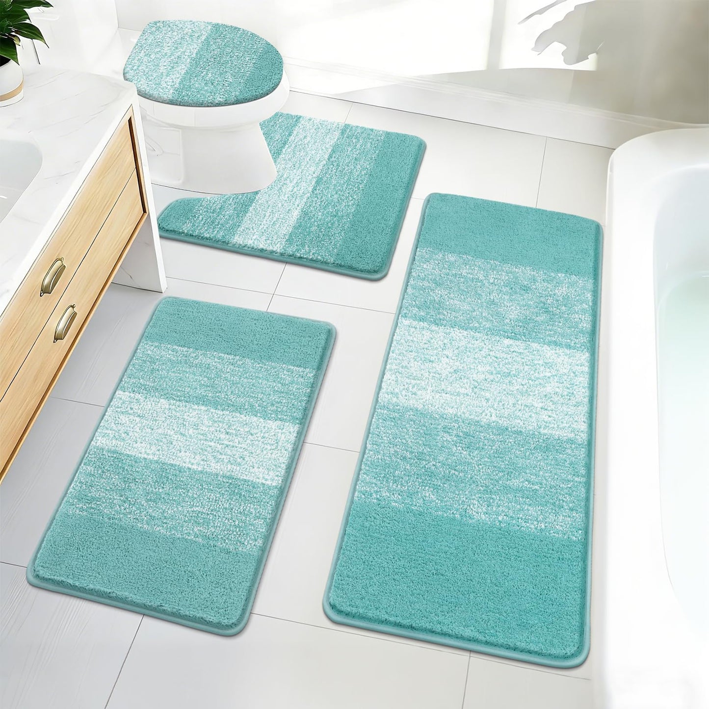 Bsmathom Bathroom Rugs Sets 4 Piece, Soft Absorbent Microfiber Bath Rugs with U-Shaped Contour Toilet Rug and Toilet Lid Cover, Thick Non-Slip Plush Shaggy Bath Mat Set,Teal