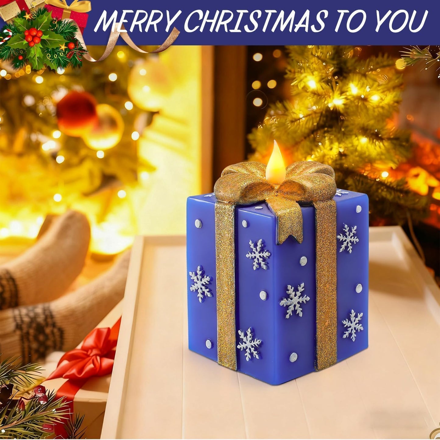 LCZLUMIPRO Christmas Flameless Gift Box Candle Hand-Painted Real Wax LED Candle with Remote Timer Battery Operated Blue Gold Decor for Xmas Tree Skirt Ornament Table Outdoor Indoor Holiday